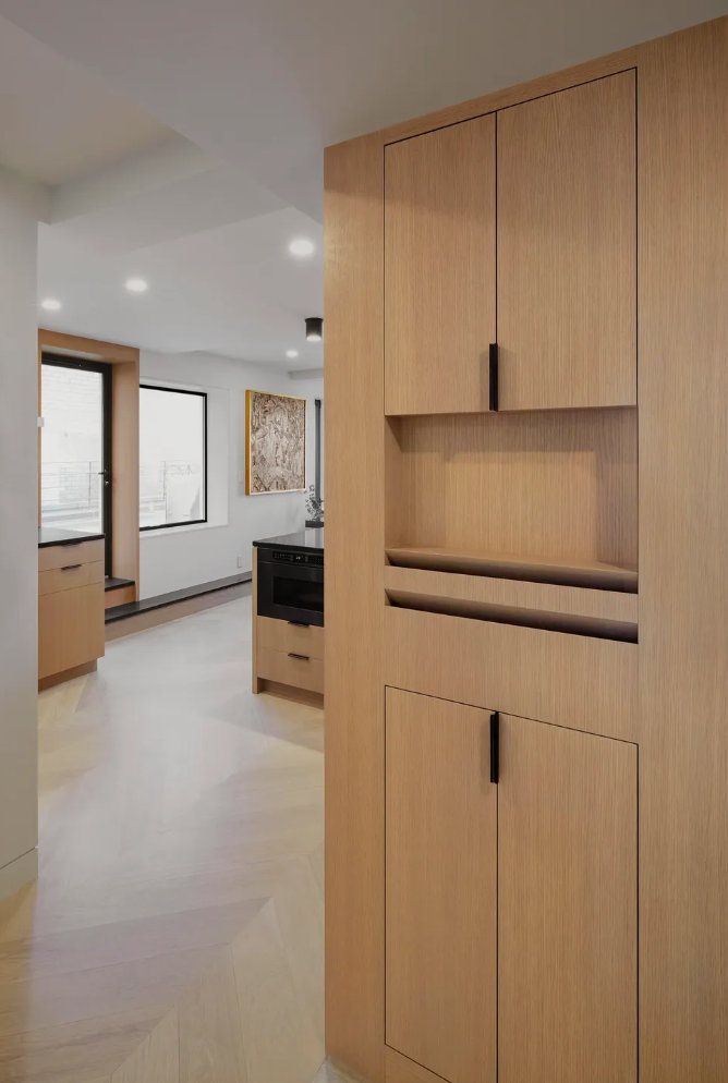 Close view of cabinet doors with slim pulls