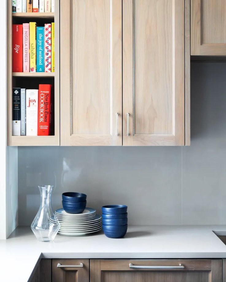 Close view of upper kitchen cabinets