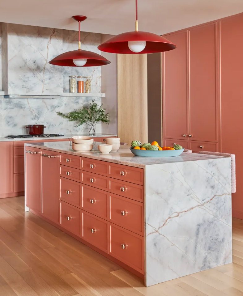 Close view of inset drawer fronts on a kitchen island