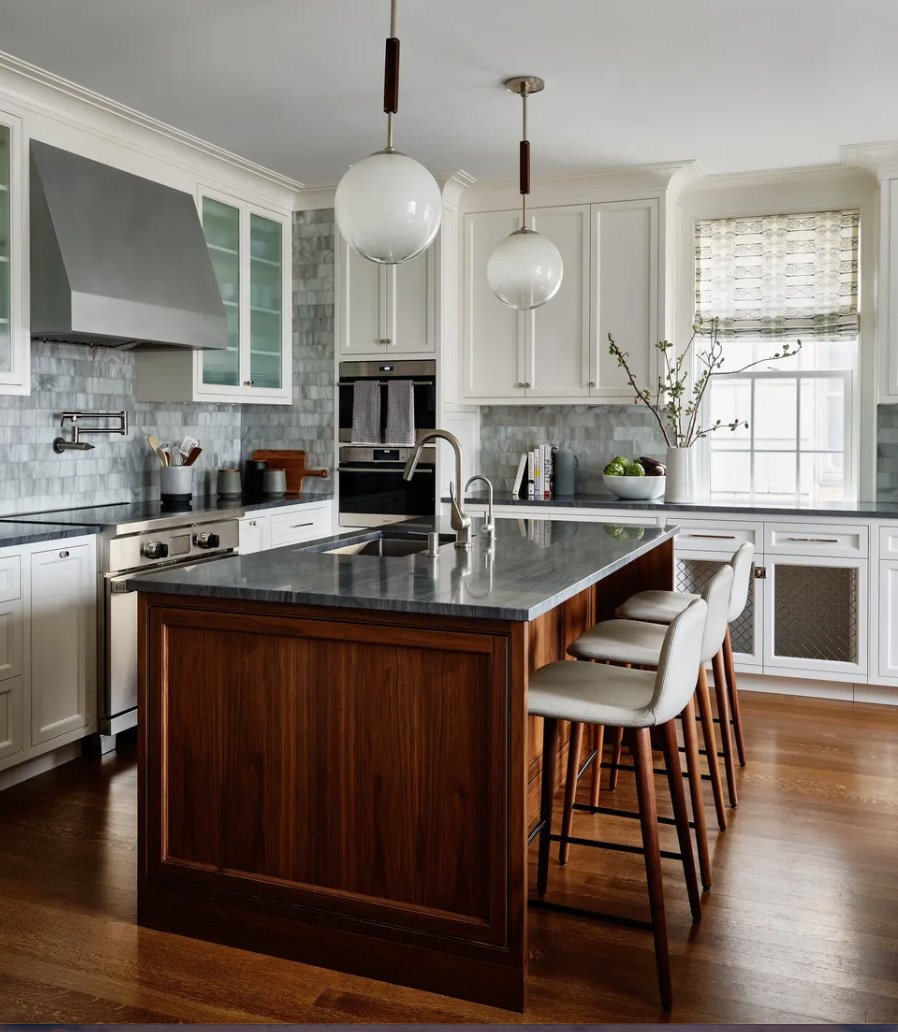 Kitchen with a wood island